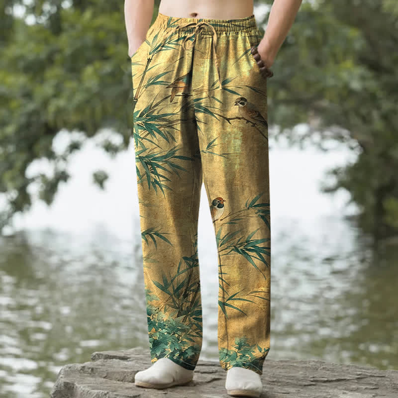 Buddha Stones Pantalones de hombre de algodón con estampado de pájaros de bambú, corte ajustado y bolsillos. - vara de oro - US/UK/AU50, EU60 (5XL) - image 4