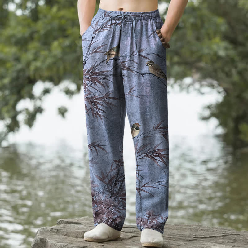Buddha Stones Pantalones de hombre de algodón con estampado de pájaros de bambú, corte ajustado y bolsillos. - Gris pizarra - US/UK/AU50, EU60 (5XL) - image 8
