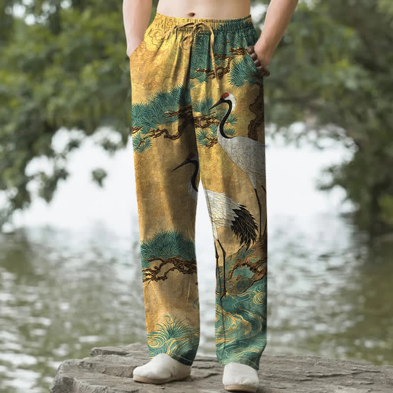 Buddha Stones Pantalones de hombre de algodón con estampado de grullas y pinos, corte cónico y bolsillos. - Oro - US/UK/AU50, EU60 (5XL) - image 0