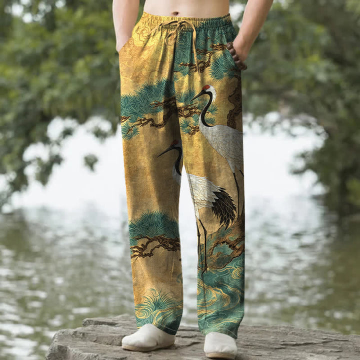 Buddha Stones Pantalones de hombre de algodón con estampado de grullas y pinos, corte cónico y bolsillos. - Oro - US/UK/AU50, EU60 (5XL) - image 0