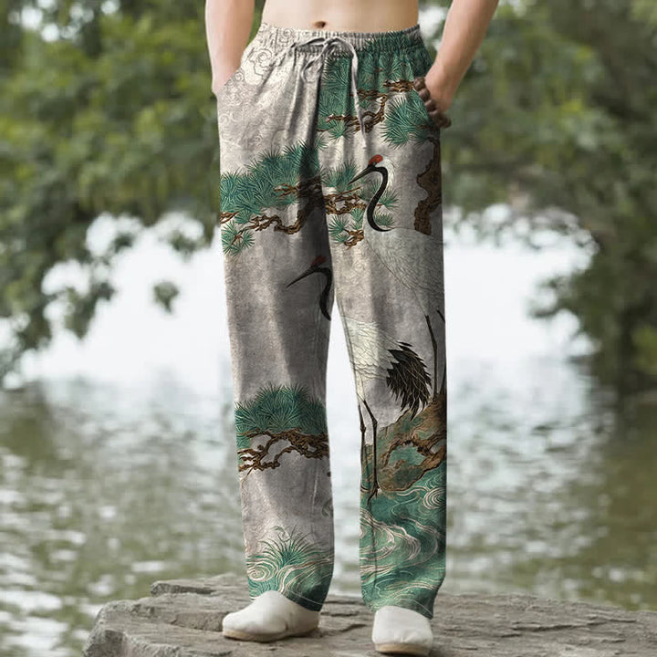 Buddha Stones Pantalones de hombre de algodón con estampado de grullas y pinos, corte cónico y bolsillos. - Gainsboro - US/UK/AU50, EU60 (5XL) - image 4