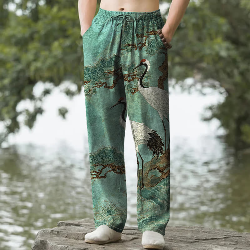 Buddha Stones Pantalones de hombre de algodón con estampado de grullas y pinos, corte cónico y bolsillos. - Aguamarina medio - US/UK/AU50, EU60 (5XL) - image 8