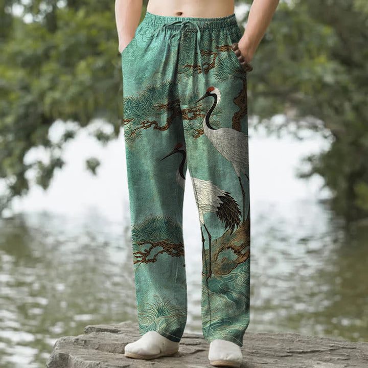 Buddha Stones Pantalones de hombre de algodón con estampado de grullas y pinos, corte cónico y bolsillos. - Aguamarina medio - US/UK/AU50, EU60 (5XL) - image 8