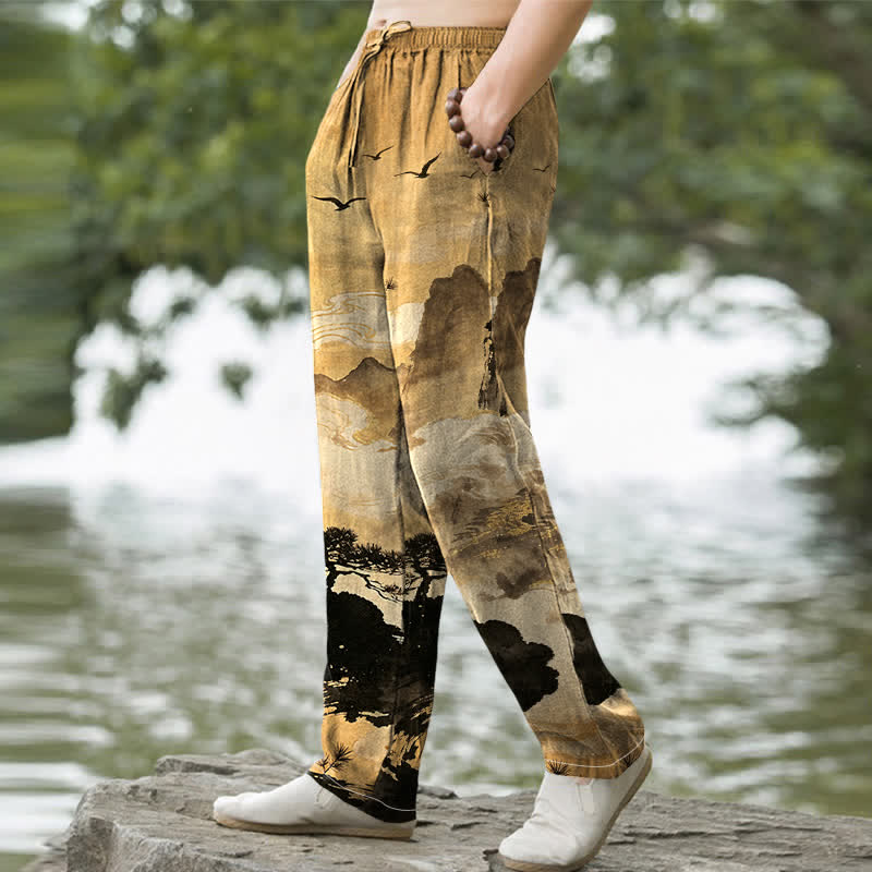 Buddha Stones Pantalones de hombre de algodón con estampado de paisaje y corte ajustado, con bolsillos. - image 1