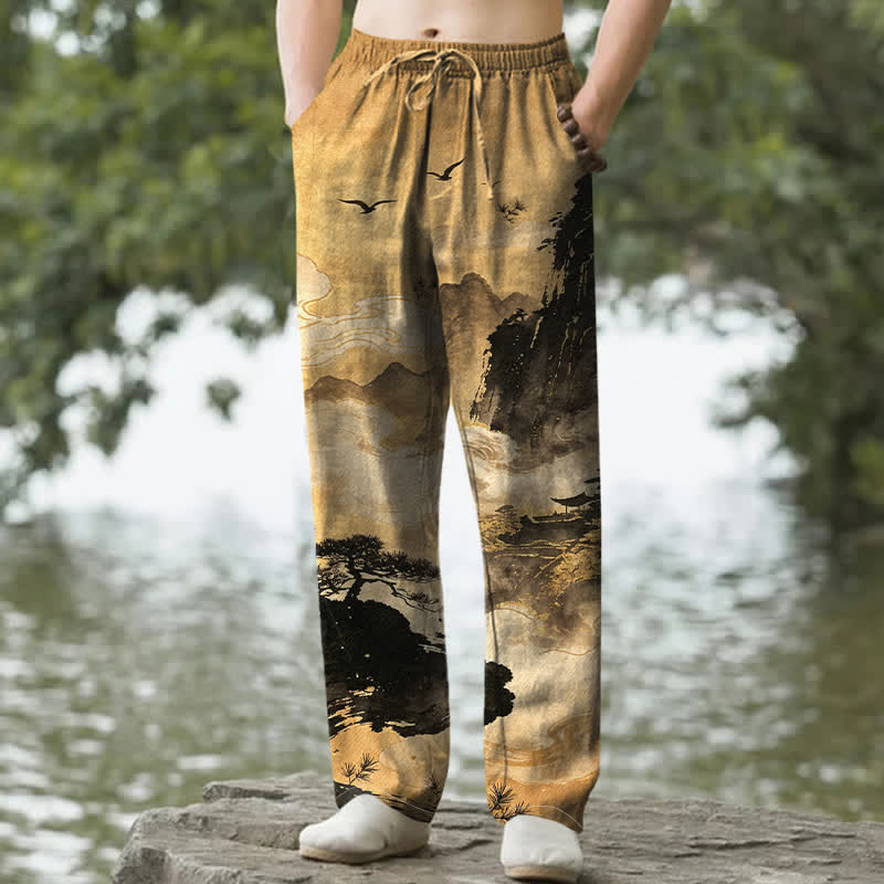 Buddha Stones Pantalones de hombre de algodón con estampado de paisaje y corte ajustado, con bolsillos. - vara de oro - US/UK/AU50, EU60 (5XL) - image 0