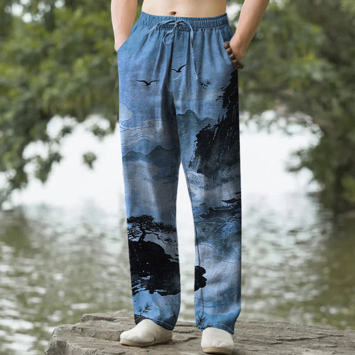 Buddha Stones Pantalones de hombre de algodón con estampado de paisaje y corte ajustado, con bolsillos. - Azul acero - US/UK/AU50, EU60 (5XL) - image 8