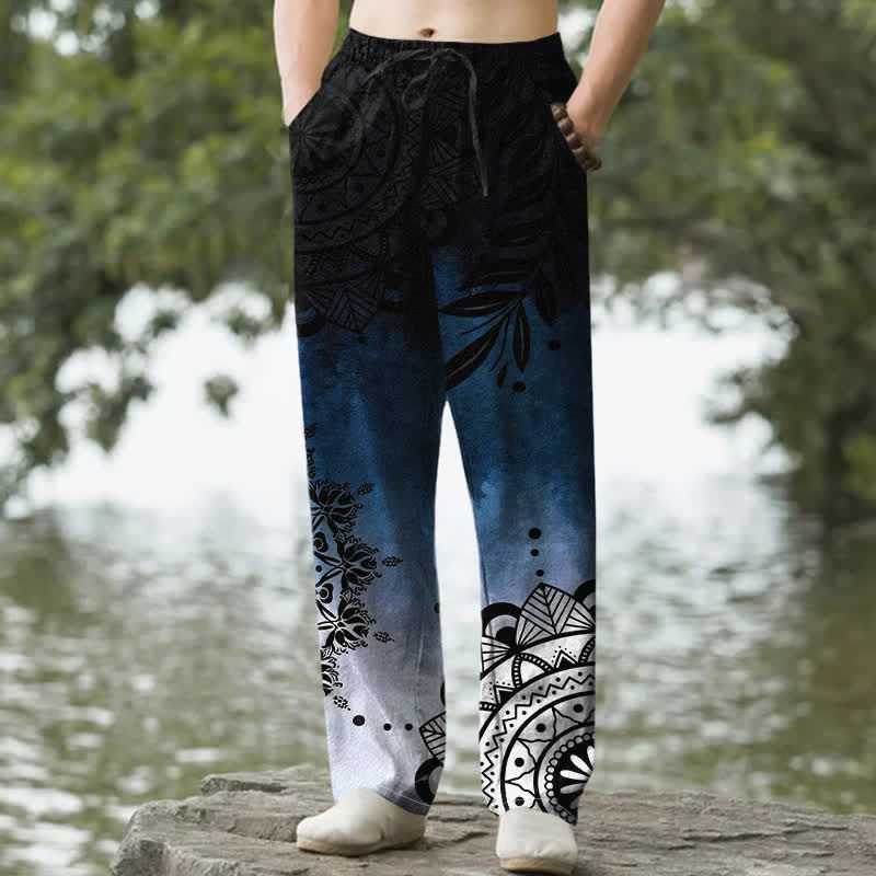 Buddha Stones Pantalones de hombre de algodón con estampado de mandala degradado y corte ajustado, con bolsillos. - Marina de guerra - US/UK/AU50, EU60 (5XL) - image 0