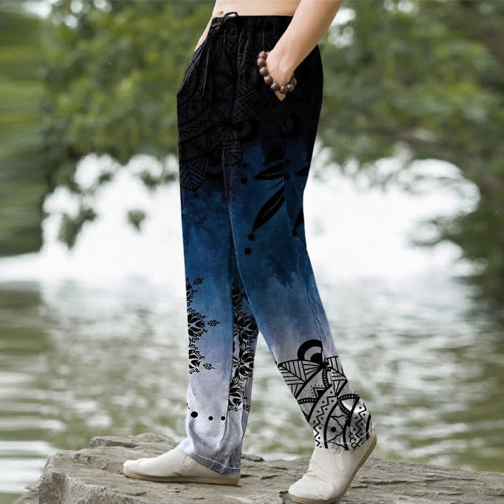 Buddha Stones Pantalones de hombre de algodón con estampado de mandala degradado y corte ajustado, con bolsillos. - image 1