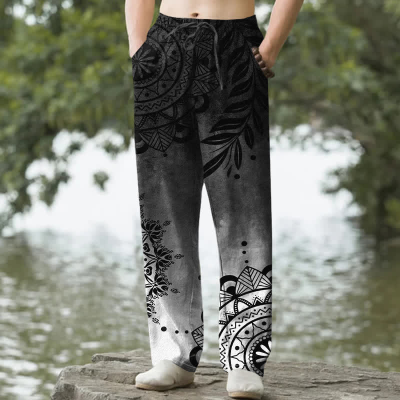 Buddha Stones Pantalones de hombre de algodón con estampado de mandala degradado y corte ajustado, con bolsillos. - Gris - US/UK/AU50, EU60 (5XL) - image 8