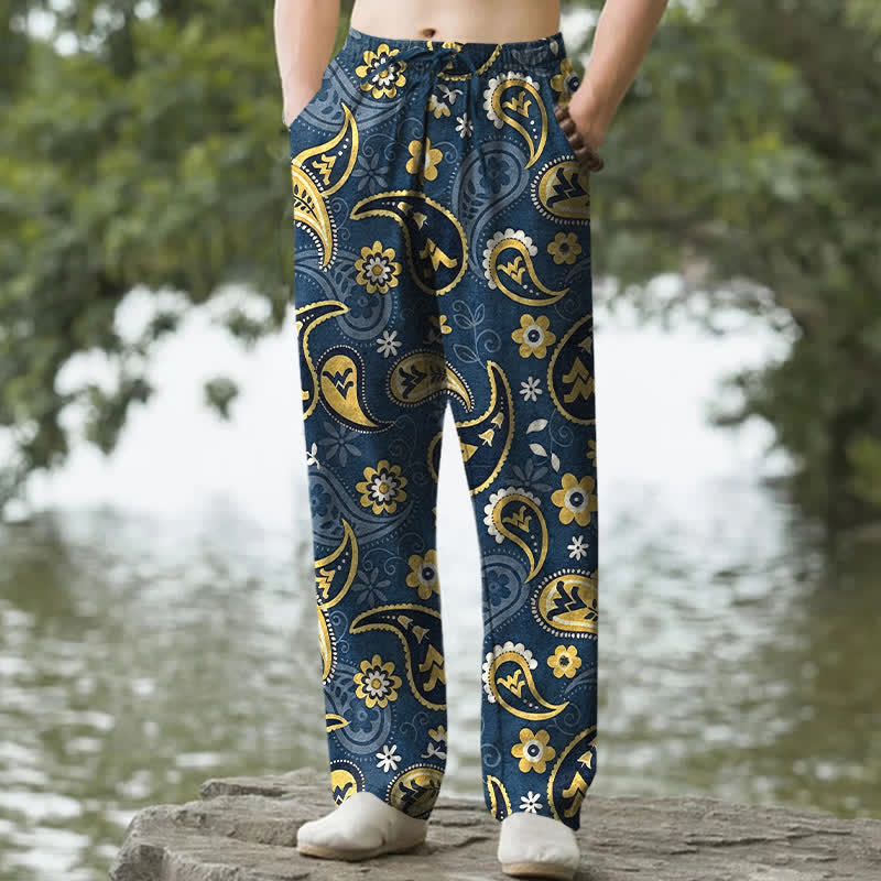 Buddha Stones Pantalones de hombre de algodón con estampado floral de cachemir, corte ajustado y bolsillos. - Azul acero - US/UK/AU50, EU60 (5XL) - image 0