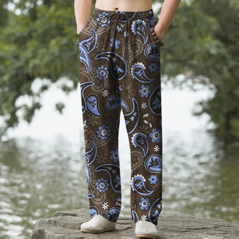 Buddha Stones Pantalones de hombre de algodón con estampado floral de cachemir, corte ajustado y bolsillos. - Tierra de siena - US/UK/AU50, EU60 (5XL) - image 4