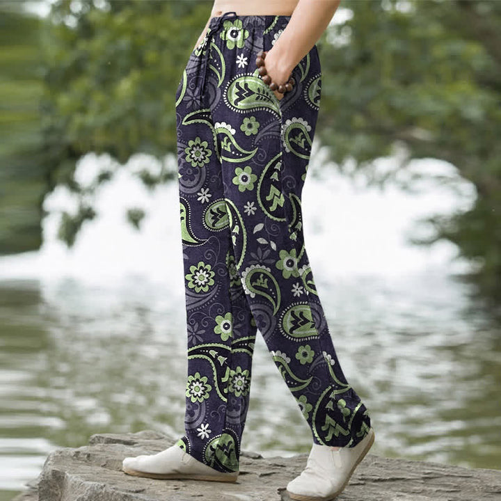 Buddha Stones Pantalones de hombre de algodón con estampado floral de cachemir, corte ajustado y bolsillos. - image 9