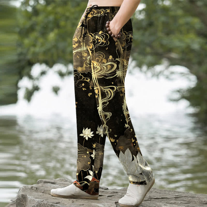 Buddha Stones Pantalones de hombre de algodón con estampado de nube de loto y corte ajustado, con bolsillos. - image 1