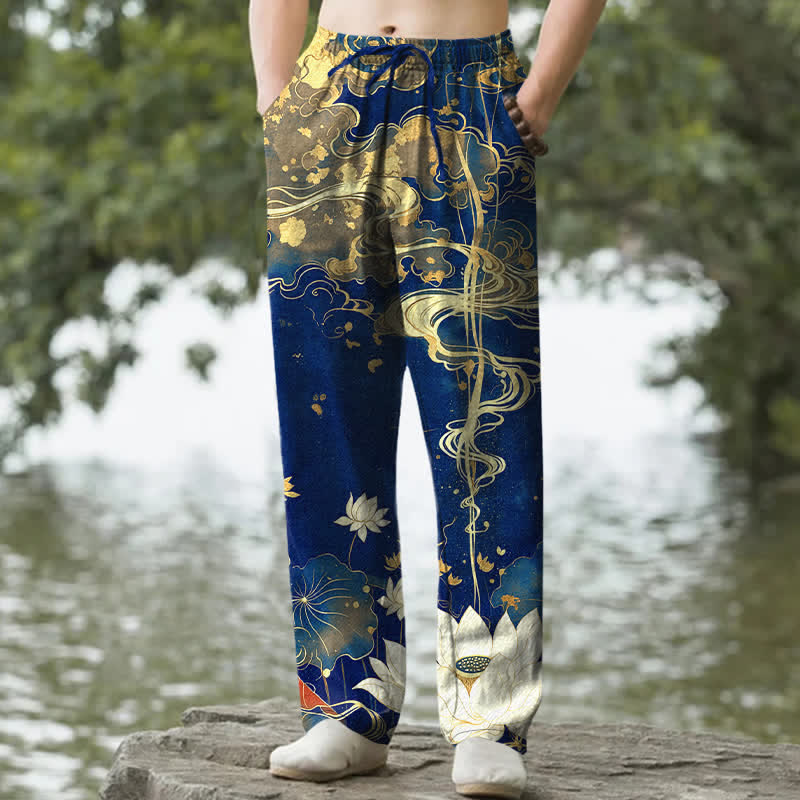 Buddha Stones Pantalones de hombre de algodón con estampado de nube de loto y corte ajustado, con bolsillos. - Marina de guerra - US/UK/AU50, EU60 (5XL) - image 4