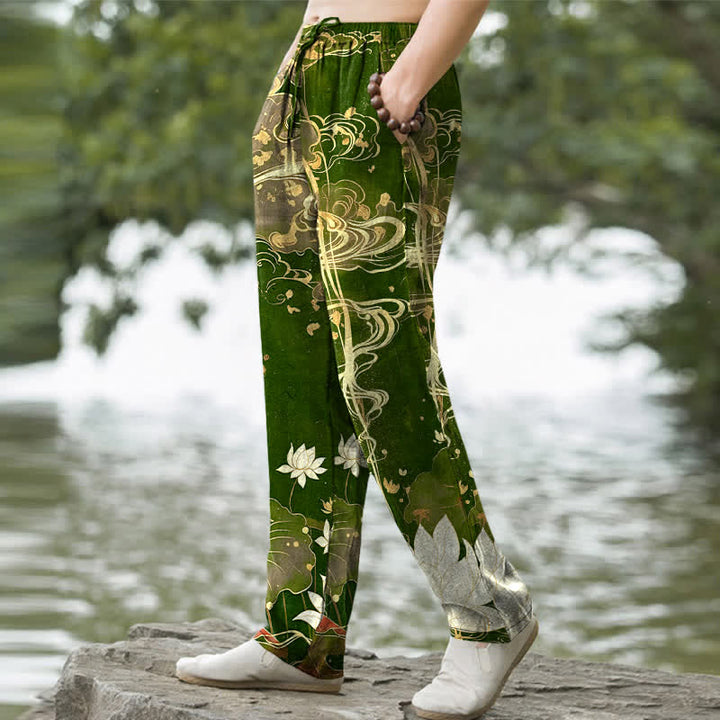Buddha Stones Pantalones de hombre de algodón con estampado de nube de loto y corte ajustado, con bolsillos. - image 9