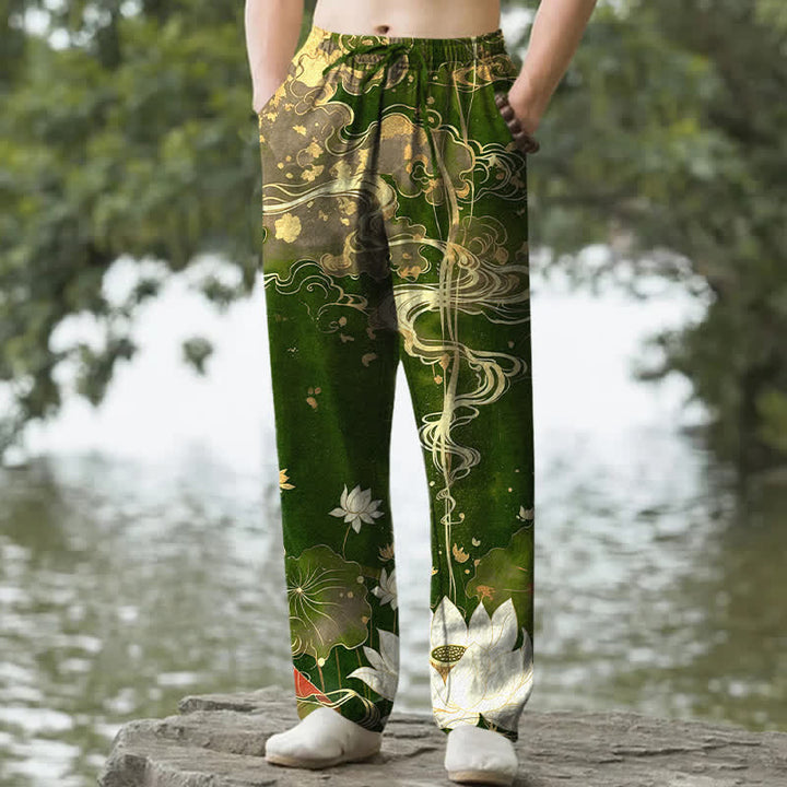Buddha Stones Pantalones de hombre de algodón con estampado de nube de loto y corte ajustado, con bolsillos. - Verde bosque - US/UK/AU50, EU60 (5XL) - image 8