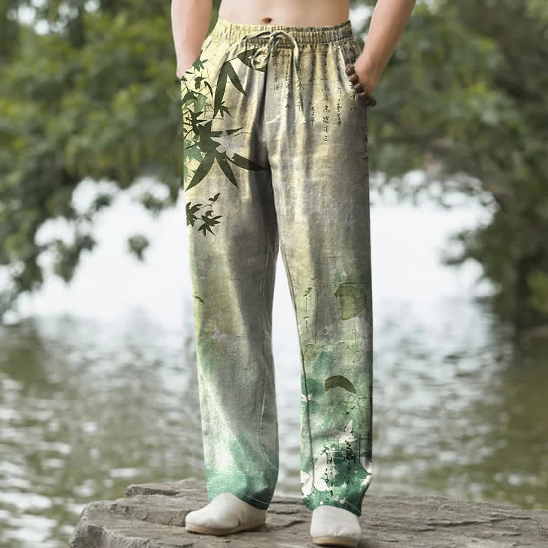 Buddha Stones Pantalones de hombre de algodón con estampado de bambú y corte ajustado, con bolsillos. - Verde amarillento - US/UK/AU50, EU60 (5XL) - image 0
