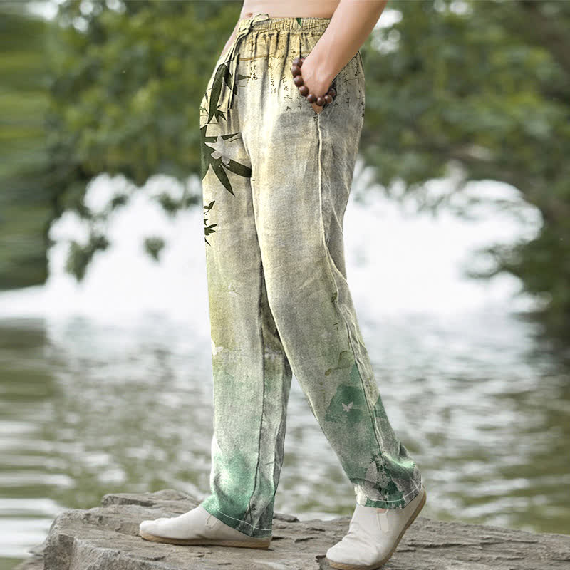 Buddha Stones Pantalones de hombre de algodón con estampado de bambú y corte ajustado, con bolsillos. - image 1