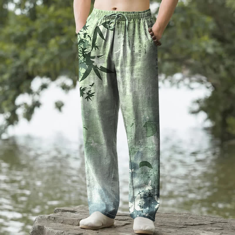 Buddha Stones Pantalones de hombre de algodón con estampado de bambú y corte ajustado, con bolsillos. - Verde claro - US/UK/AU50, EU60 (5XL) - image 4