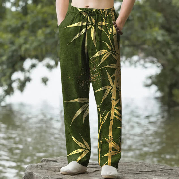 Buddha Stones Pantalones de hombre de algodón con estampado de hojas de bambú doradas, corte ajustado y bolsillos. - Verde oliva oscuro - US/UK/AU50, EU60 (5XL) - image 4
