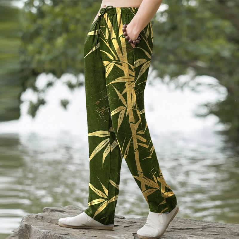 Buddha Stones Pantalones de hombre de algodón con estampado de hojas de bambú doradas, corte ajustado y bolsillos. - image 5