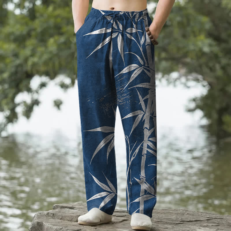 Buddha Stones Pantalones de hombre de algodón con estampado de hojas de bambú doradas, corte ajustado y bolsillos. - Marina de guerra - US/UK/AU50, EU60 (5XL) - image 8