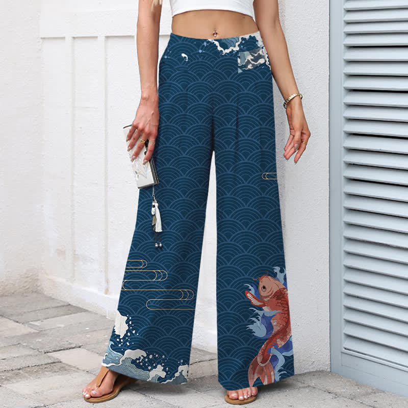 Buddha Stones Pantalones de mujer de lino y algodón con estampado de olas y peces koi, cintura elástica, pernera ancha y bolsillos. - image 1