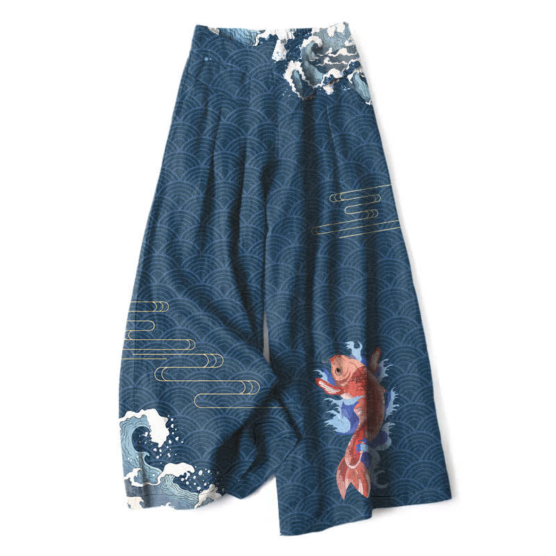 Buddha Stones Pantalones de mujer de lino y algodón con estampado de olas y peces koi, cintura elástica, pernera ancha y bolsillos. - Marina de guerra - US16，UK/AU20，EU48 (3XL) - image 0