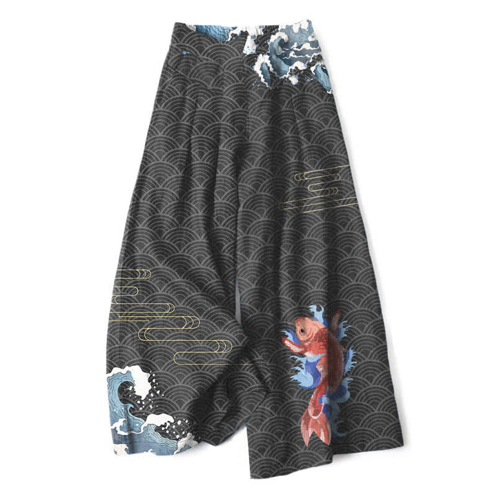 Buddha Stones Pantalones de mujer de lino y algodón con estampado de olas y peces koi, cintura elástica, pernera ancha y bolsillos. - Negro - US16，UK/AU20，EU48 (3XL) - image 4