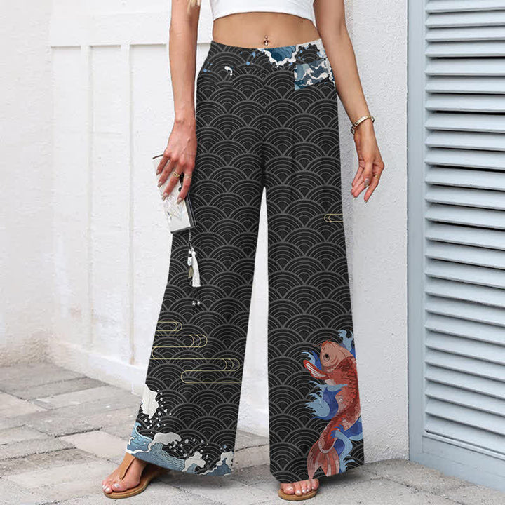 Buddha Stones Pantalones de mujer de lino y algodón con estampado de olas y peces koi, cintura elástica, pernera ancha y bolsillos. - image 5