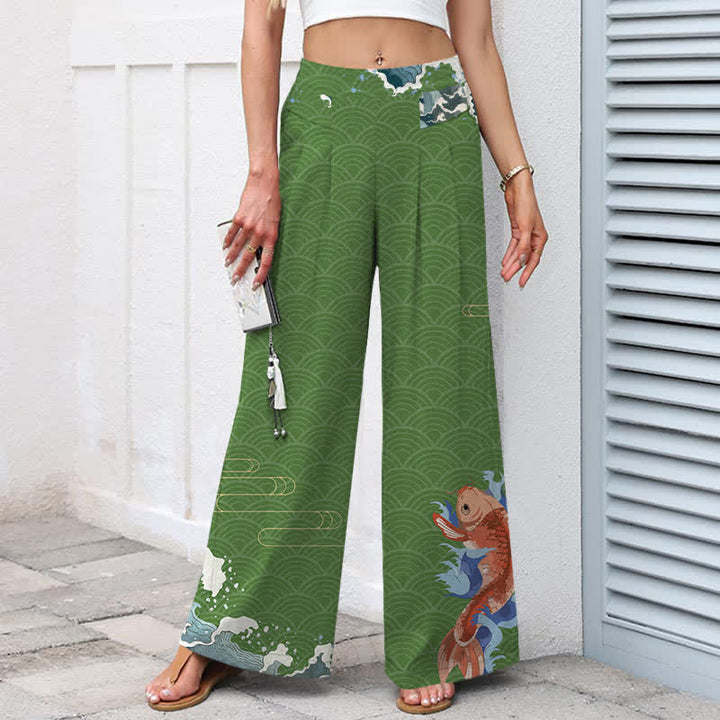 Buddha Stones Pantalones de mujer de lino y algodón con estampado de olas y peces koi, cintura elástica, pernera ancha y bolsillos. - image 7