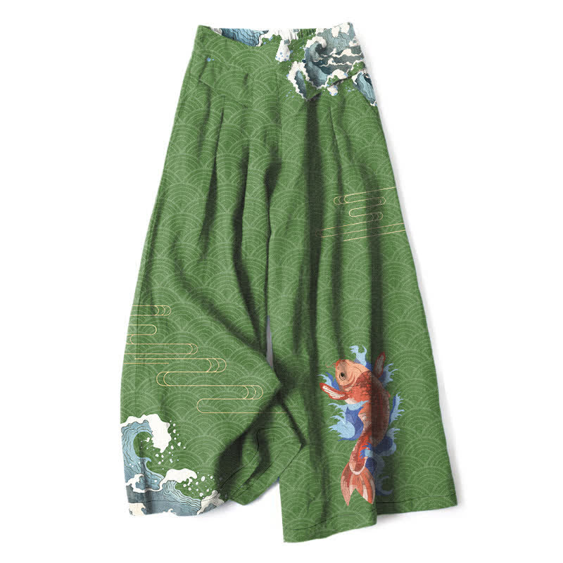 Buddha Stones Pantalones de mujer de lino y algodón con estampado de olas y peces koi, cintura elástica, pernera ancha y bolsillos. - Verde bosque - US16，UK/AU20，EU48 (3XL) - image 6