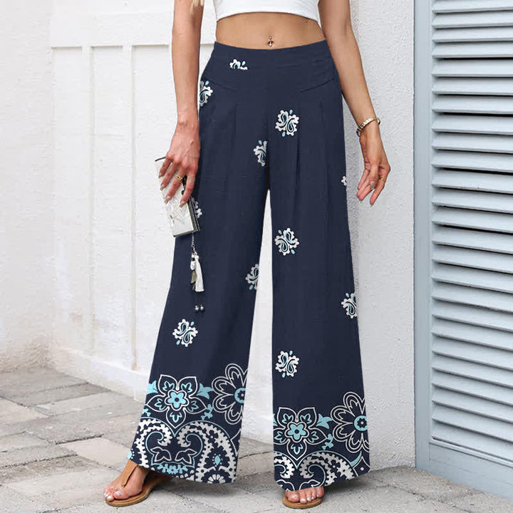 Buddha Stones Pantalones de mujer de algodón y lino con estampado floral bohemio, cintura elástica y pernera ancha con bolsillos. - image 1