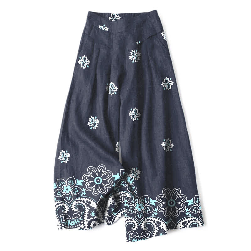 Buddha Stones Pantalones de mujer de algodón y lino con estampado floral bohemio, cintura elástica y pernera ancha con bolsillos. - Marina de guerra - US16，UK/AU20，EU48 (3XL) - image 0