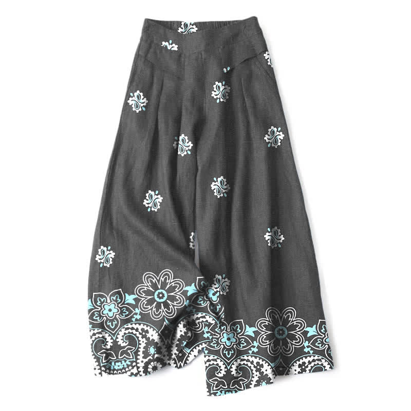 Buddha Stones Pantalones de mujer de algodón y lino con estampado floral bohemio, cintura elástica y pernera ancha con bolsillos. - Gris oscuro - US16，UK/AU20，EU48 (3XL) - image 4