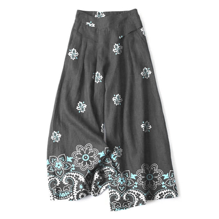 Buddha Stones Pantalones de mujer de algodón y lino con estampado floral bohemio, cintura elástica y pernera ancha con bolsillos. - Gris oscuro - US16，UK/AU20，EU48 (3XL) - image 4