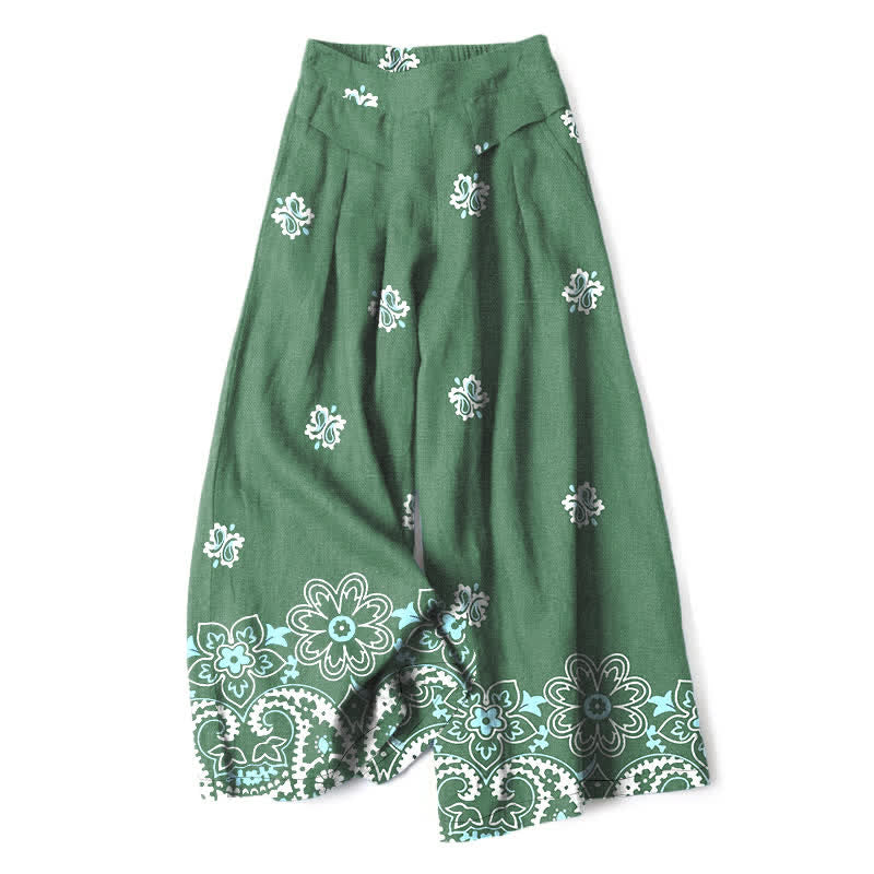 Buddha Stones Pantalones de mujer de algodón y lino con estampado floral bohemio, cintura elástica y pernera ancha con bolsillos. - Verde mar medio - US16，UK/AU20，EU48 (3XL) - image 6