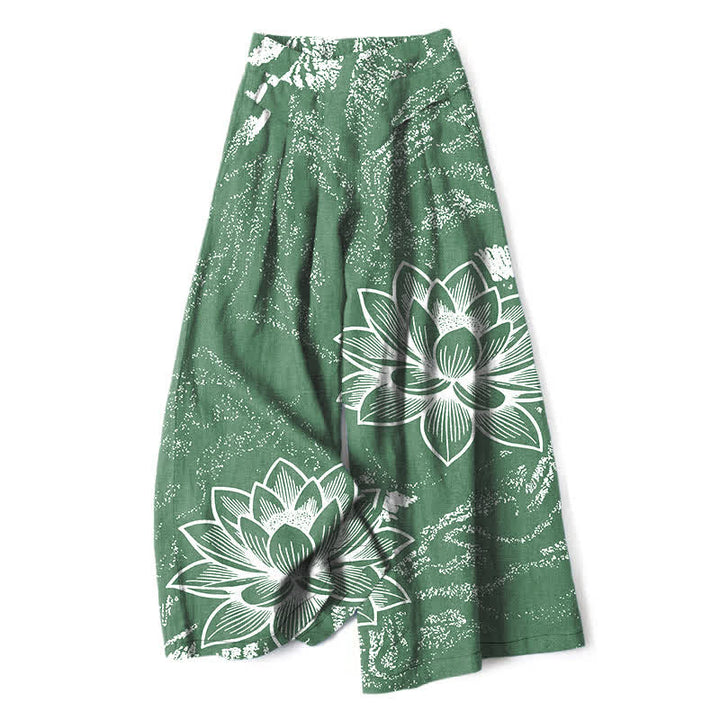 Buddha Stones Pantalones de mujer de algodón y lino con estampado floral de loto, cintura elástica y pernera ancha con bolsillos. - Verdemar - US16，UK/AU20，EU48 (3XL) - image 0