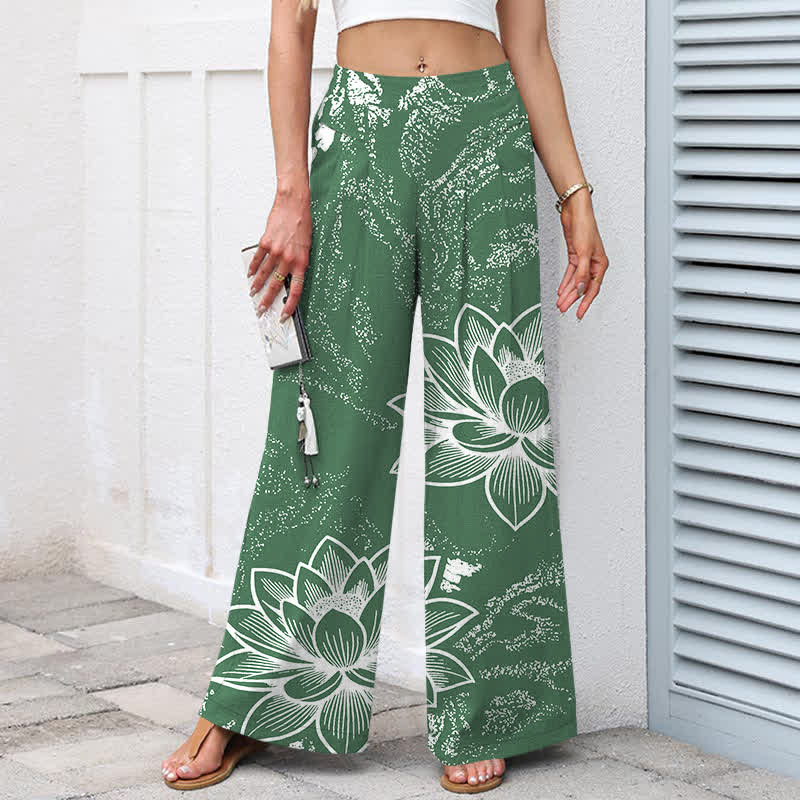 Buddha Stones Pantalones de mujer de algodón y lino con estampado floral de loto, cintura elástica y pernera ancha con bolsillos. - image 1
