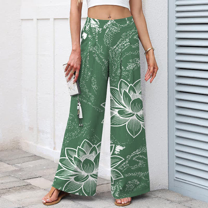 Buddha Stones Pantalones de mujer de algodón y lino con estampado floral de loto, cintura elástica y pernera ancha con bolsillos. - image 1