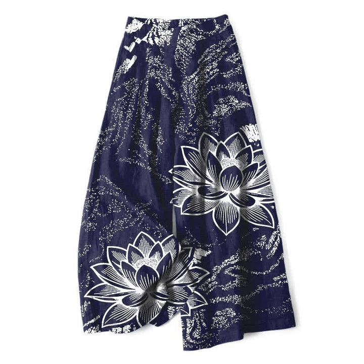 Buddha Stones Pantalones de mujer de algodón y lino con estampado floral de loto, cintura elástica y pernera ancha con bolsillos. - Marina de guerra - US16，UK/AU20，EU48 (3XL) - image 4