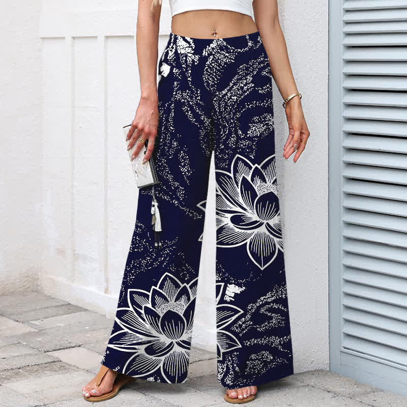 Buddha Stones Pantalones de mujer de algodón y lino con estampado floral de loto, cintura elástica y pernera ancha con bolsillos. - image 5