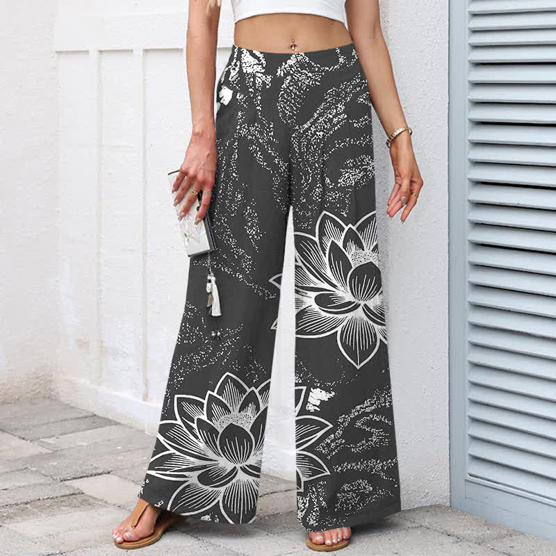 Buddha Stones Pantalones de mujer de algodón y lino con estampado floral de loto, cintura elástica y pernera ancha con bolsillos. - image 7