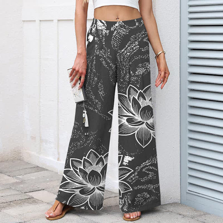 Buddha Stones Pantalones de mujer de algodón y lino con estampado floral de loto, cintura elástica y pernera ancha con bolsillos. - image 7