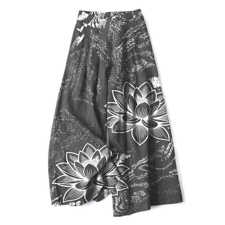 Buddha Stones Pantalones de mujer de algodón y lino con estampado floral de loto, cintura elástica y pernera ancha con bolsillos. - Gris oscuro - US16，UK/AU20，EU48 (3XL) - image 6