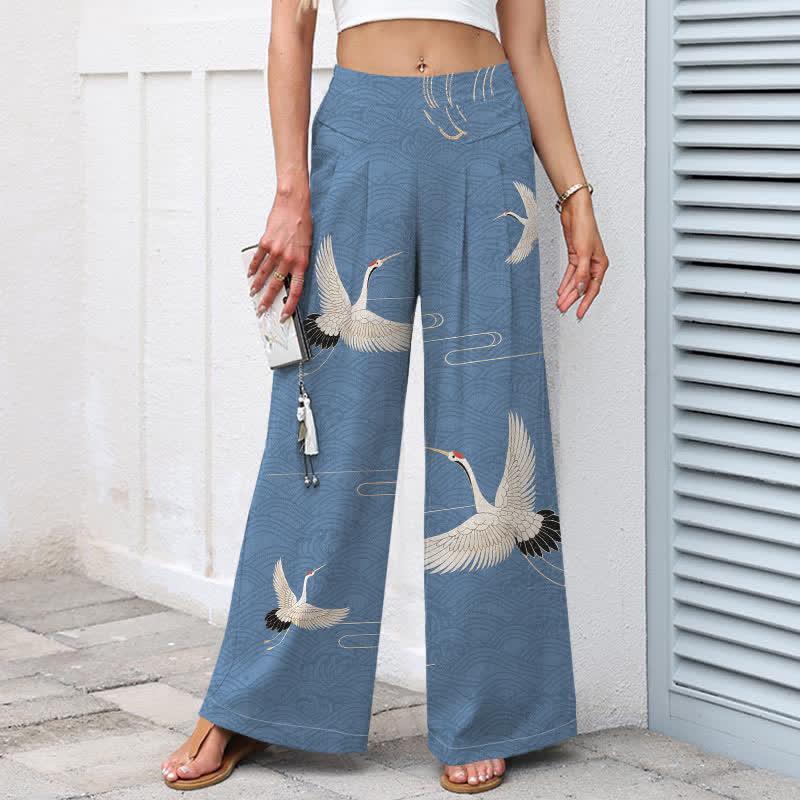 Buddha Stones Pantalones de mujer de algodón y lino con estampado de grullas y olas, cintura elástica, pernera ancha y bolsillos. - image 1