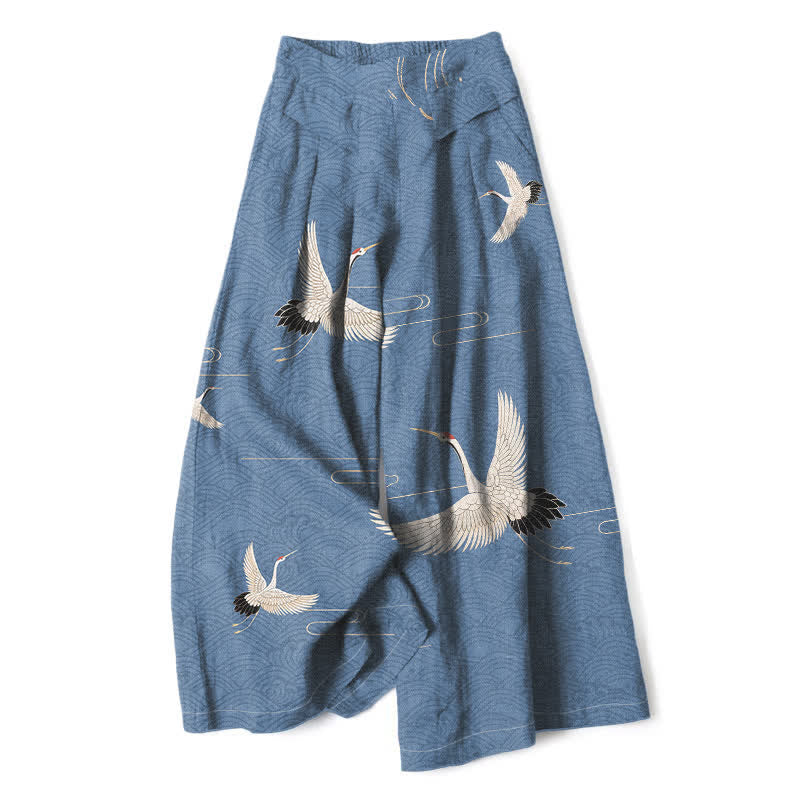 Buddha Stones Pantalones de mujer de algodón y lino con estampado de grullas y olas, cintura elástica, pernera ancha y bolsillos. - Azul acero - US16，UK/AU20，EU48 (3XL) - image 0