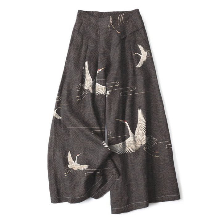 Buddha Stones Pantalones de mujer de algodón y lino con estampado de grullas y olas, cintura elástica, pernera ancha y bolsillos. - Gris oscuro - US16，UK/AU20，EU48 (3XL) - image 4