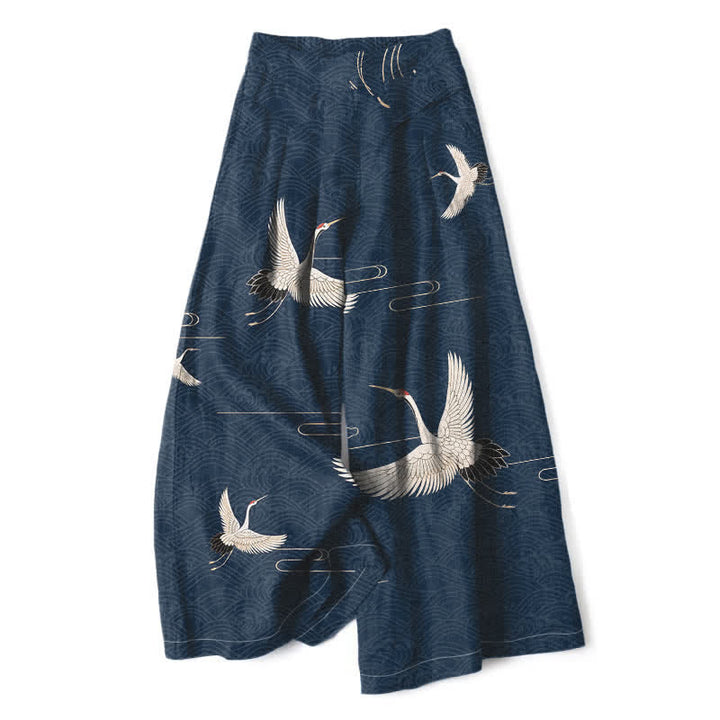 Buddha Stones Pantalones de mujer de algodón y lino con estampado de grullas y olas, cintura elástica, pernera ancha y bolsillos. - Marina de guerra - US16，UK/AU20，EU48 (3XL) - image 6
