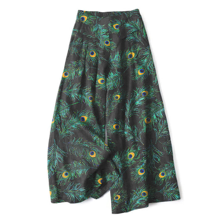 Buddha Stones Pantalones de mujer de algodón y lino con estampado de plumas de pavo real, cintura elástica y pernera ancha con bolsillos. - Negro - US16，UK/AU20，EU48 (3XL) - image 0